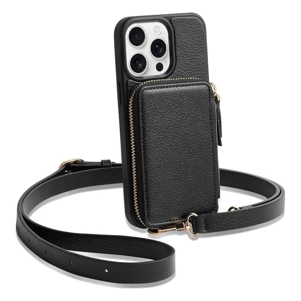 ZVE Wallet Case IPhone 13 Pro Max Crossbody RFID Card Holder Strap Black Zipper
